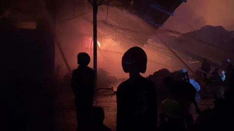 Heavy fire in plastic storage warehouse Stock Footage 290944796