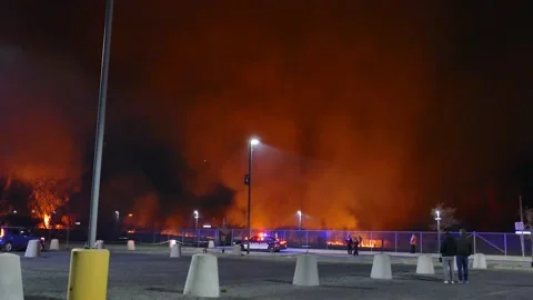 Heavy flames at brush fire at night Stock Footage 139658740