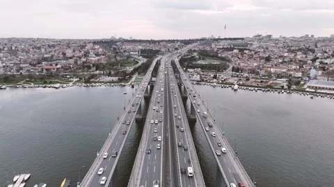 Heavy but fluid traffic on the bridge over the Golden Horn Istanbul, bridge over Stock Footage 273991356