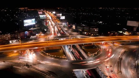 Heavy Freeway Traffic At Night 4K Aerial HyperLapse Birds Eye View Drone Footage Stock-Footage 212774045