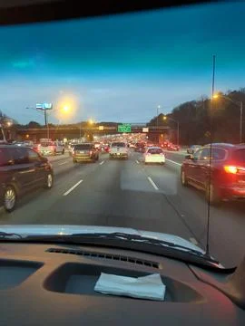 Heavy Freeway Traffic Shot from Inside a Vehicle Stock Photos