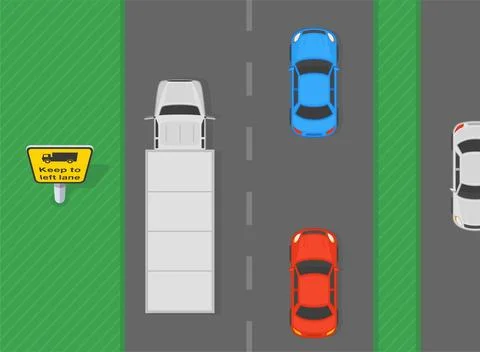 "Heavy goods vehicles keep left" sign area. Top view of a traffic flow. Stock Illustration