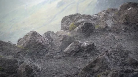 A heavy hail between the rocks at the old man of storr Stock-Footage 146171153