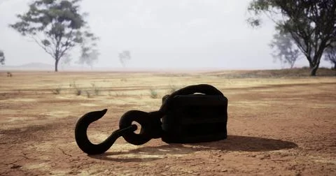 Heavy hook rests on cracked earth under a cloudy sky in a barren landscape Illustrazione stock