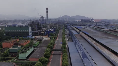 Heavy Industrial Complex Gloomy Overcast Aerial Push In Stock Footage 341273623