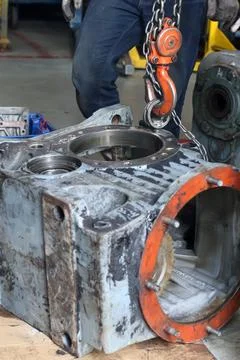 Heavy Industrial Engine Block Lifting and Rigging. Stock Photos