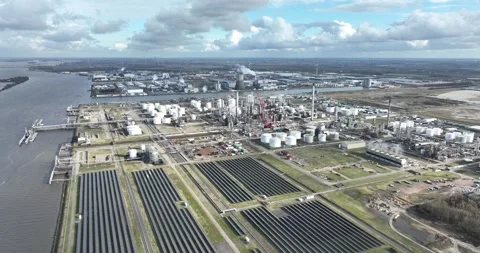 Heavy industrial zone at Moerdijk, including the petrochemical refinery along Stock Footage 266308946