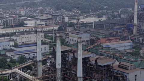 Heavy Industry Complex Gloomy Overcast Slow Push In Stock Footage 341274319