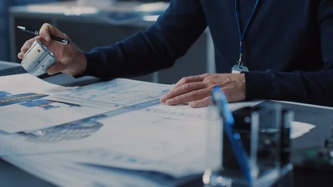 Heavy Industry Engineer Draws Engine Concept Blueprint. Engineering Bureau Video stock 104953629