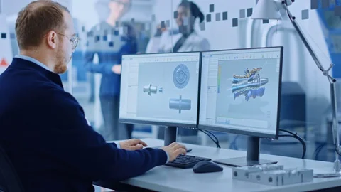 Heavy Industry Engineer Working on Personal Computer, Screen Shows CAD Software Vídeos de archivo 123634845