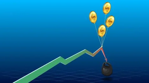 Heavy kettlebell is pulling the chart arrow down, and dollar coin balloons hold Stock Illustration