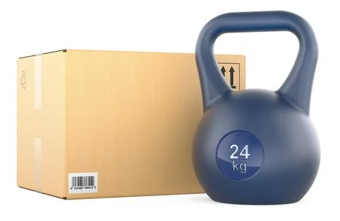 Heavy load delivery, concept. Cardboard box with kettlebell, 3D rendering Stock Illustration