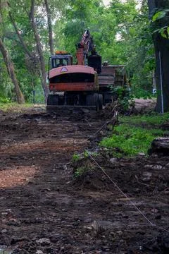 Heavy machine clears muddy forest path. Trees line both sides of rough terrai Stock Photos