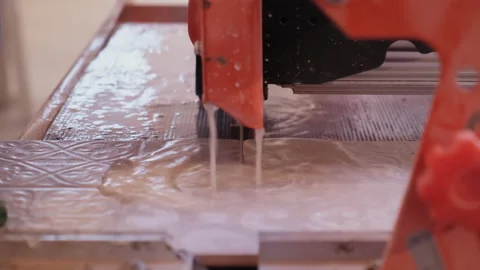 Heavy Machine for Sawing Ceramic Tiles. Sharp Round Blade Makes Precise Cut Stock Footage 145044509