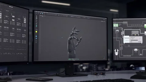 Heavy machinery manufacturing the black automatic robotic hand prosthetic Stock Footage 240625976
