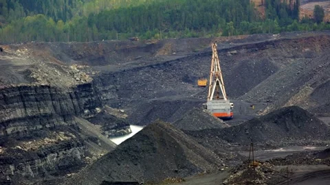 Heavy Machinery in Open Pit Mining Industrial Extraction Site Stock Footage 334563082