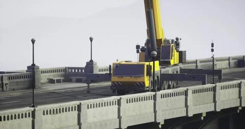 Heavy machinery operates on a bridge construction site in daylight hours 库存插图