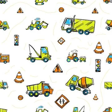Heavy machinery sketch. Seamless pattern with hand-drawn cartoon construction Illustrazione stock