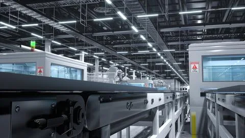 Heavy machinery units in high tech solar panel warehouse, 3D illustration 写真素材