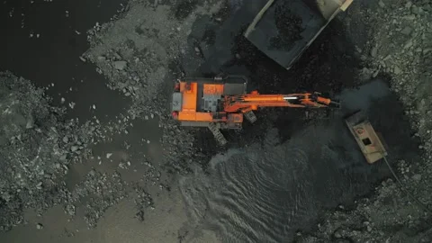Heavy machinery is working at the coal mining Stock Footage 145277807