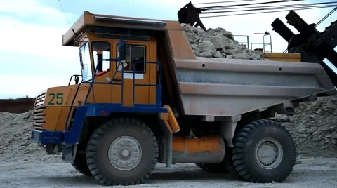 Heavy mining dump truck being loaded with iron ore Stock Footage 63993535