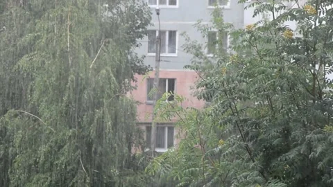 Heavy rain against the tree and a children's playground streams of water 動画素材 143337314