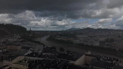 Heavy Rain and Dark Storm Clouds Over Salzburg and Salzach River, Austria Stock Footage 336869344