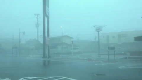 Heavy Rain And Strong Wind Sweep Across Town As Hurricane Makes Landfall Stock Footage 95923655