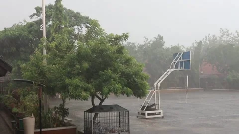 Heavy rain and strong wind on the edge of the basketball court. Stock Footage 164361446