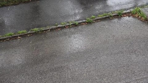 Heavy rain and thunderstorm over an asphalt road Stock Footage 338230054