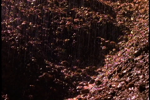 Heavy rain begins to fall on ground soil, mud begins to form. Stock Footage 86752338