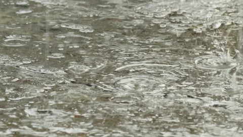 Heavy rain drops falling on a large puddle on concrete ground Stock Footage 338365060