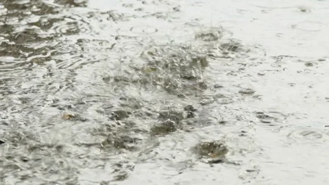 Heavy rain drops falling on a large puddle on concrete ground Stock Footage 338365080