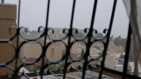 Heavy Rain, Drops On A Railing in foreground Stock-Footage 88967683