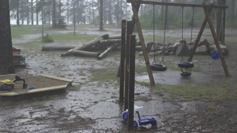 Heavy rain at empty playgound Stock Footage 159163692