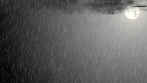 Heavy Rain Falling with Dark Cloud and Glowing Moon Night Animation. Видео 337589136