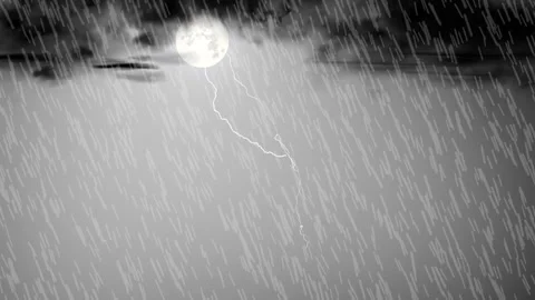 Heavy Rain Falling with Dark Cloud and Glowing Moon Night Animation. 库存影片 337589154
