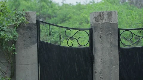 Heavy Rain Falling on Metal Gate and Concrete Fence Outdoors Stock Footage 341767389