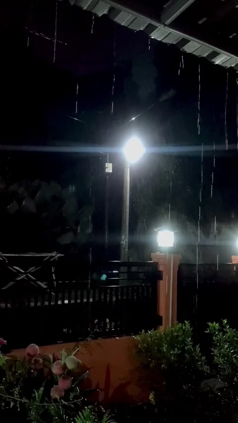 Heavy Rain Falling at Night in Residential Neighborhood Stock Footage 337318067
