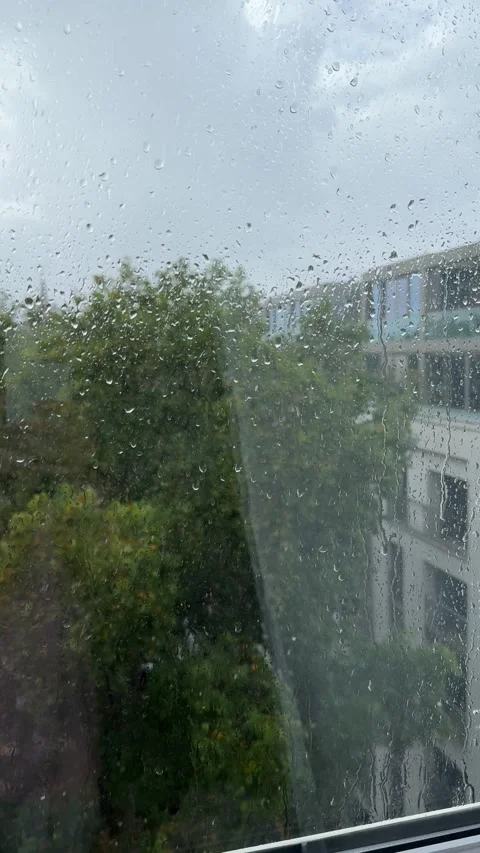 Heavy Rain Falling Outside Window Overlooking London Street and Trees 库存影片 342811315