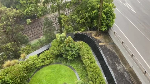 Heavy rain falling on a small green patch with cars going by, 4k Vídeos de archivo 124467349