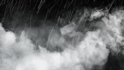 Heavy rain falling through thick white fog against dark background with falling Stock Footage 340941501