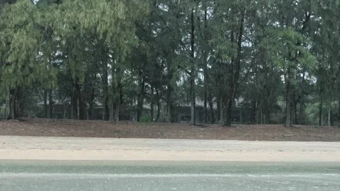 Heavy rain falling on tropical beach during monsoon season Stock Footage 340545551