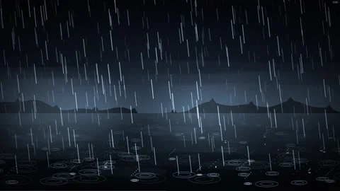 Heavy rain falling on water surface with ripples and mountain silhouettes 스톡 동영상 347399345