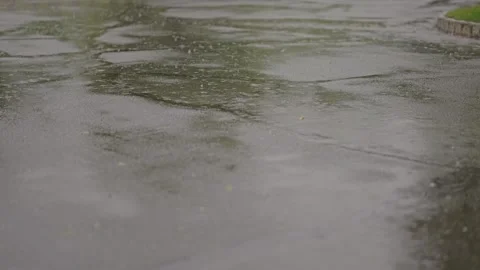 Heavy rain falling on wet asphalt driveway surface Stock Footage 346644429