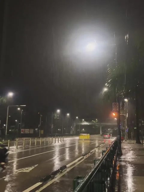 Heavy Rain Falling on Wet City Street Under Streetlights at Night Stock Footage 341841011