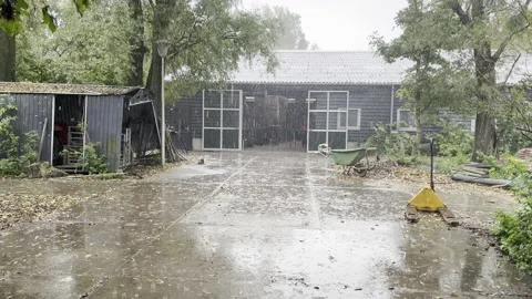 Heavy Rain On Farm At The Barn Stock Footage 219674836