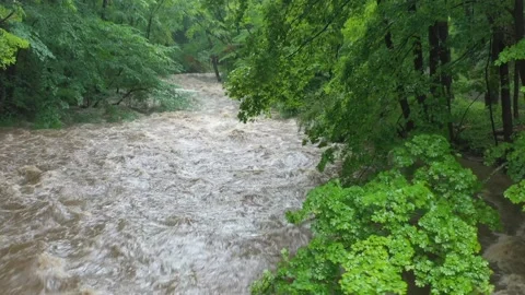 Heavy Rain Flooding River Drone Aerial View Stock Footage 164671685