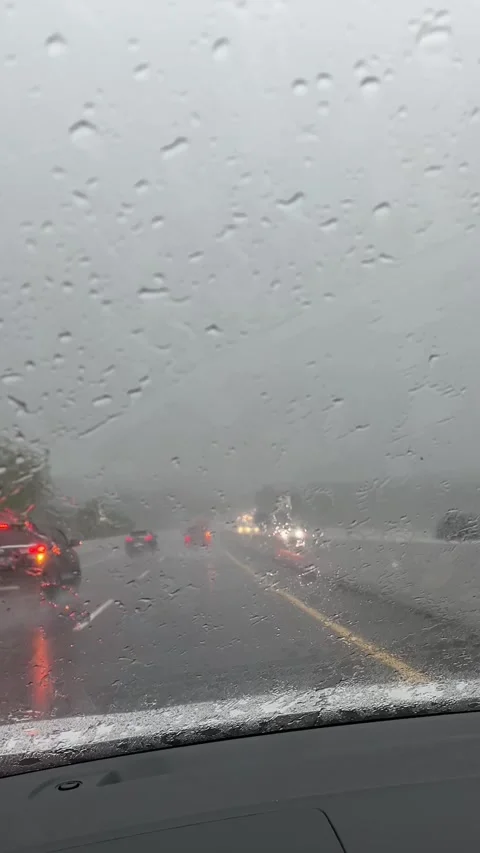 Heavy Rain on Highway During Storm with Reduced Visibility Stock Footage 337318695