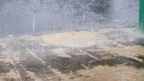 Heavy rain in the house yard. Heavy rain falls in yard. Stock Footage 279293754